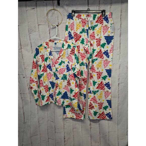 Old Navy Flannel Pajamas PJ 2 pc set White Pink Christmas Tree Women's Sz M Medi - Picture 1 of 13